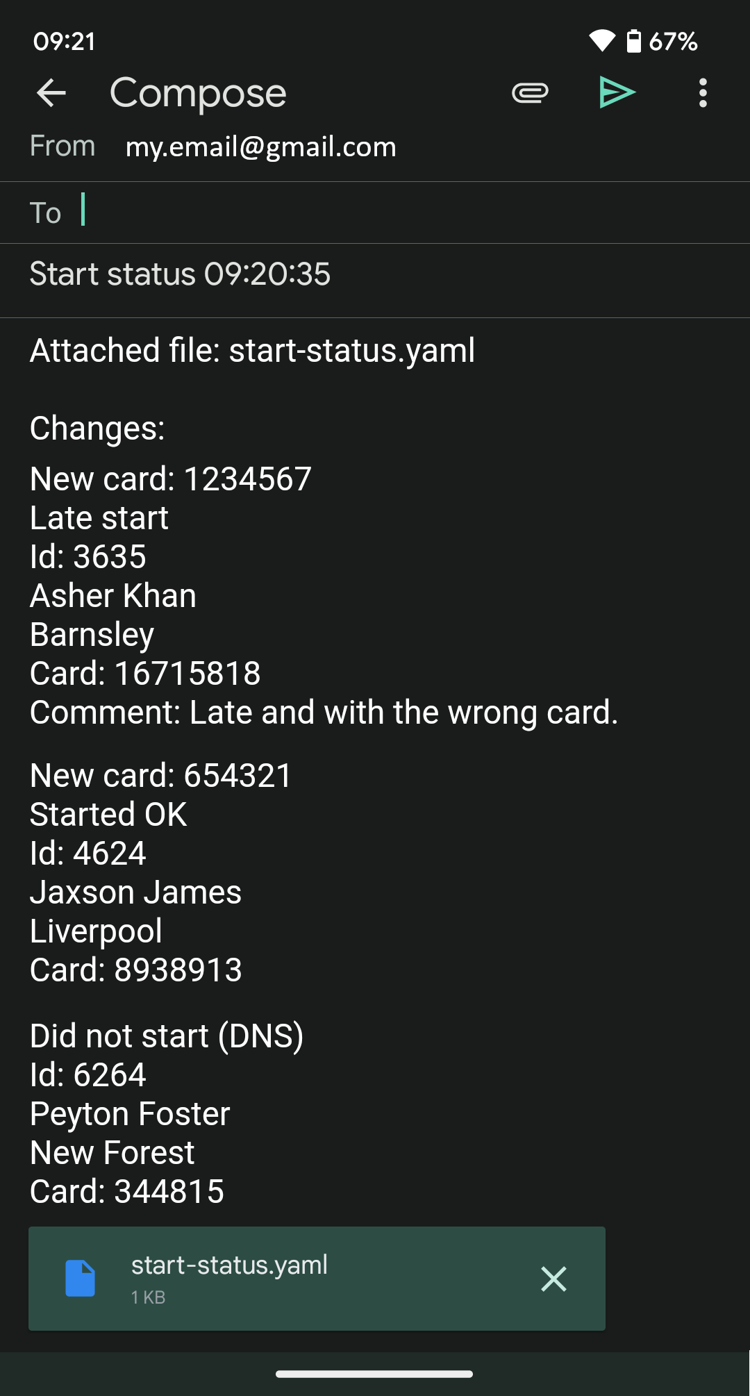 Start status (inline report)